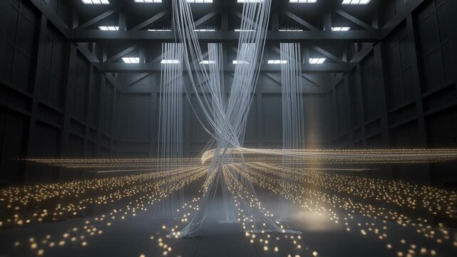 Moving golden band bringing white strands closing, braiding at hall, creating glowing band and fog