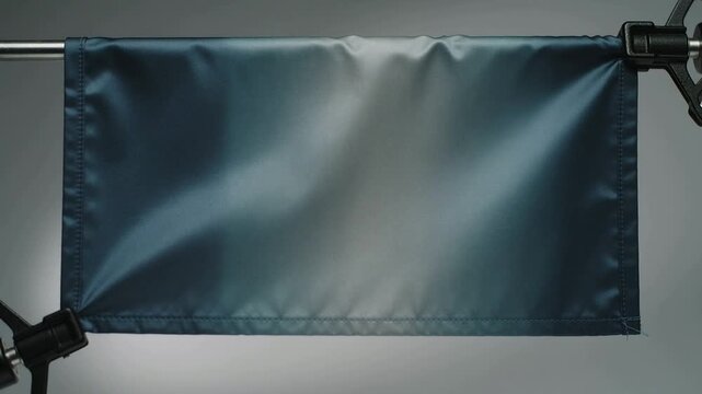 Showing satin blue-gray panel sagging centrally, forming diagonal ripple on studio rod with clamps