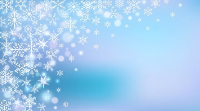 Glowing white snowflakes falling against a soft blue winter background with sparkling bokeh lights