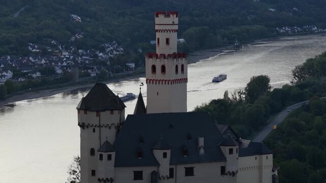Aerial View of Marksburg Castle Above the Rhine Valley in Germany