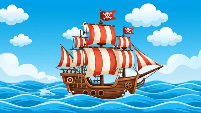 Cartoon pirate ship sailing on wavy blue ocean with flying seagull.