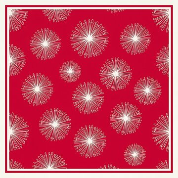 Red silk scarf design featuring elegant white lineart dandelion flower patterns with a white border frame
