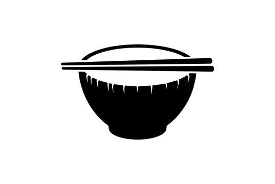 Clean flat vector silhouette of a street food ceramic noodle bowl with resting chopsticks
