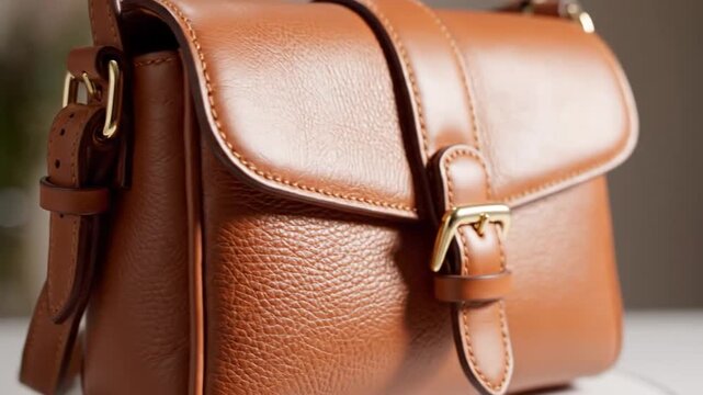 Close up of brown leather handbag with gold buckles and stitching detail.