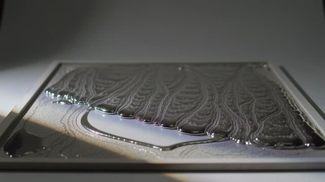 Merging beads causing clear liquid forming branched rivulets on glass panel on bench from gravity