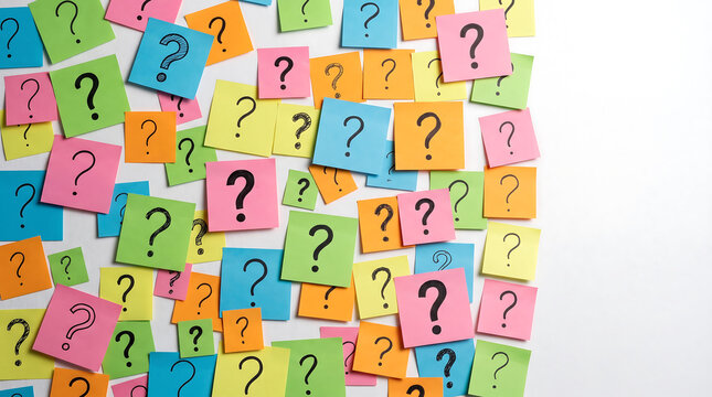 Colorful sticky notes with question marks arranged on a white background