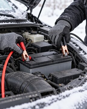 Gloved Hands Connecting Jumper Cables to Car Battery During Cold Snowy Winter Weather