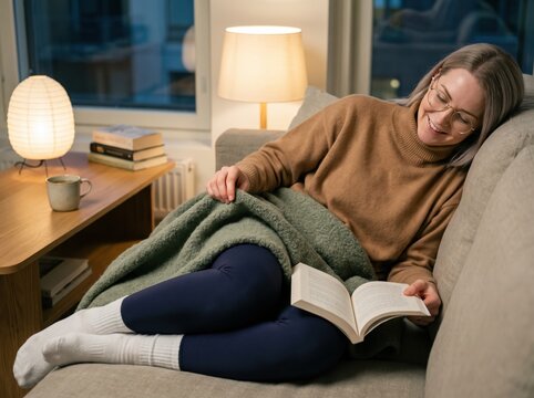 Generative AI, Woman relaxing on the sofa reading a book under a blanket in a cozy evening