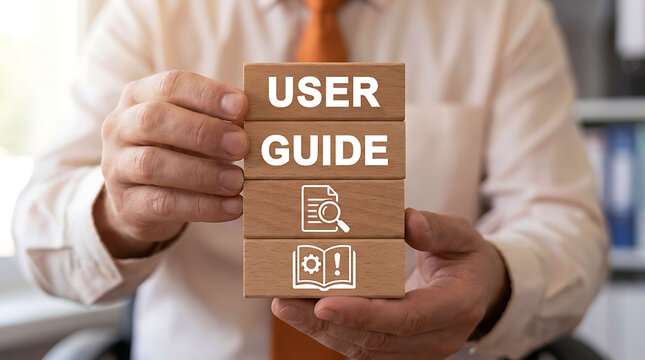 Businessman holding wooden blocks with user guide concept text and icons