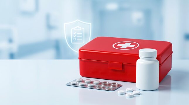 Red first aid kit with pills and medication bottle