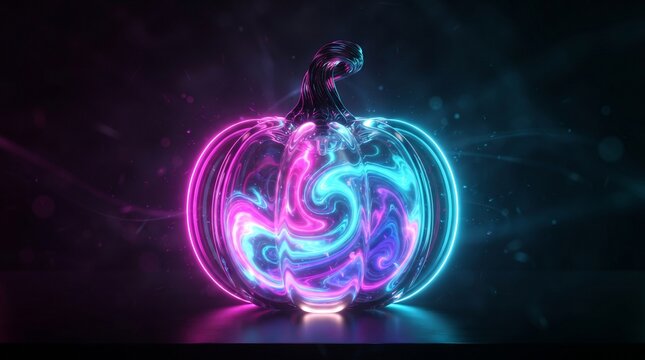 Glowing neon glass pumpkin featuring vibrant pink and electric blue interior fluid swirls shining brightly against dark atmospheric background for modern halloween celebration graphics and digital hol