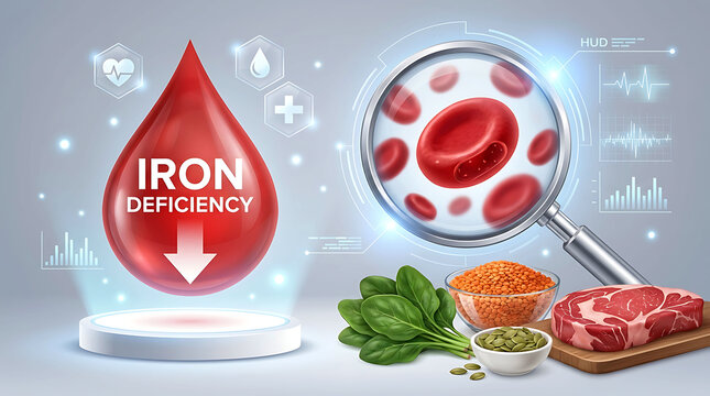 Medical Concept Illustration of Iron Deficiency Anemia with Blood Cell Analysis