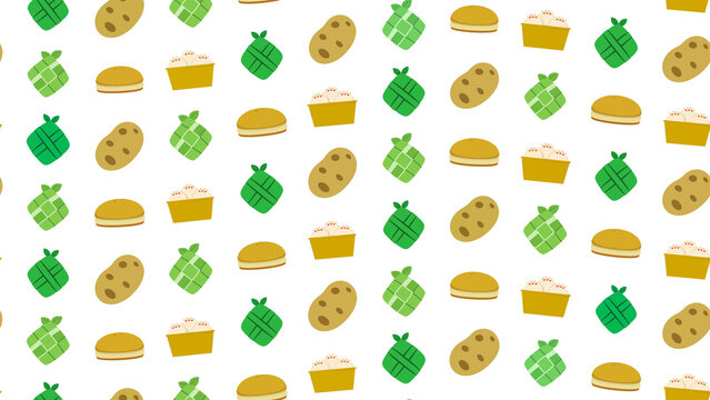 Seamless pattern of food icons: potatoes, buns, and ketupat