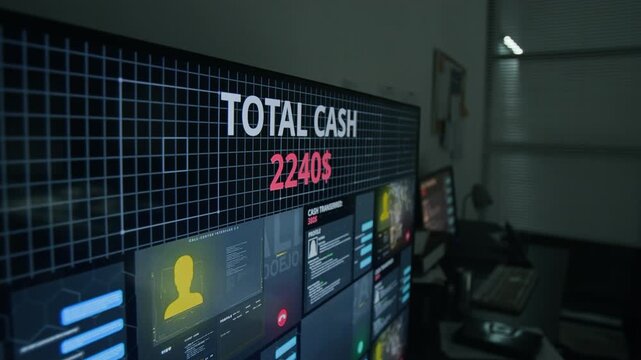 Digital monitor displaying cybercrime interface with increasing total cash counter and victim data profiles. Useful for cybersecurity, financial fraud and hacking video projects