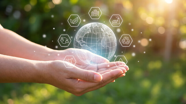 Person holding glowing wireframe globe with green technology and sustainability icons