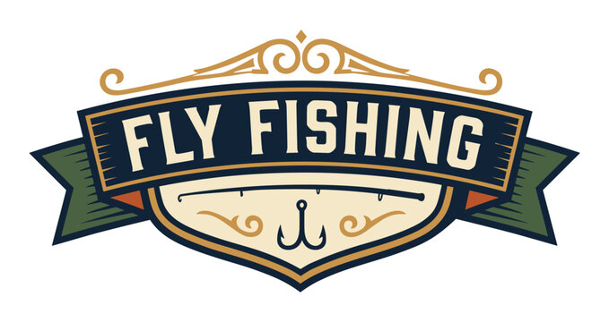 Fly Fishing Vintage Banner Ribbon Logo Emblem Vector