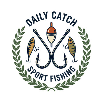 Daily Catch Sport Fishing Laurel Wreath Badge Vector