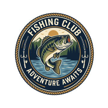 Vintage Fishing Club Bass Fish Adventure Badge Emblem Vector
