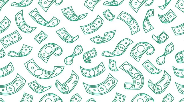Hand drawn green dollar and euro banknotes falling down seamless pattern background wallpaper