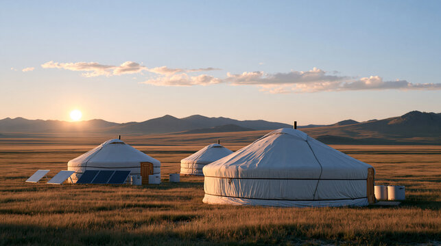 Mongolian yurt camp with portable solar panels charging battery banks on open steppe under vast sky, nomadic off grid living, remote area electrification, portable clean power,
