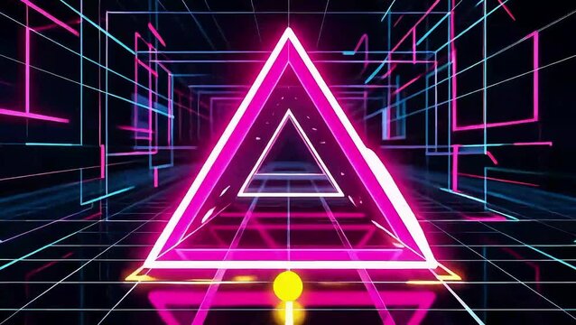 Pink Glowing Triangle: Yellow Base Dot with Holographic Glitch & Neon Distortion