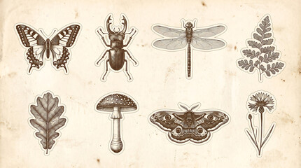 Obraz premium Vintage botanical and insect illustrations set on aged paper background