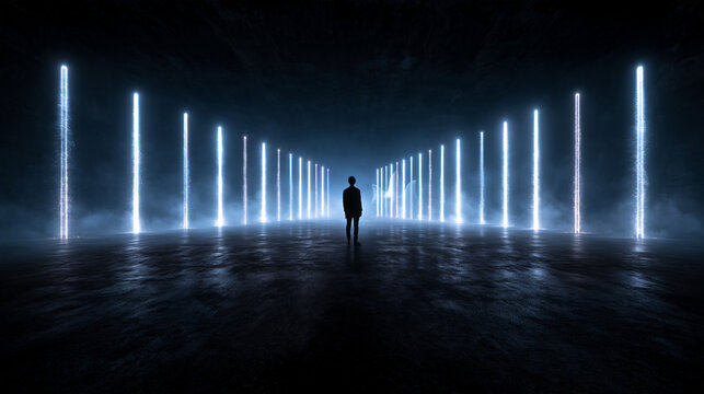Silhouette of Person in Futuristic Neon Light Corridor