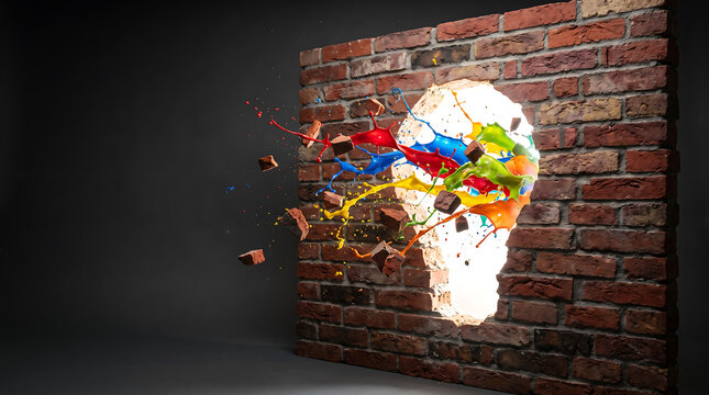 Light bulb shape breaking through a brick wall with colorful paint splashes