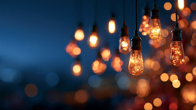 Glowing Hanging Edison String Lights with Bokeh Background