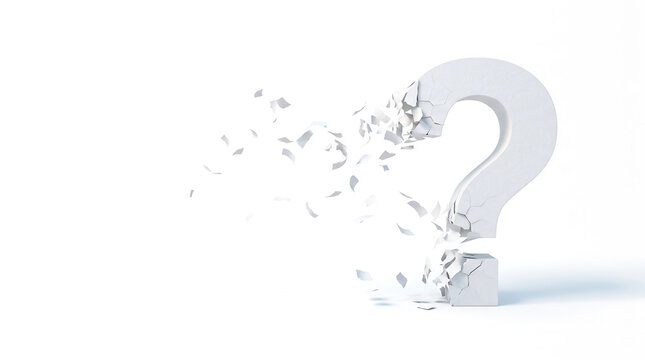White question mark symbol shattering into fragments on a clean white background