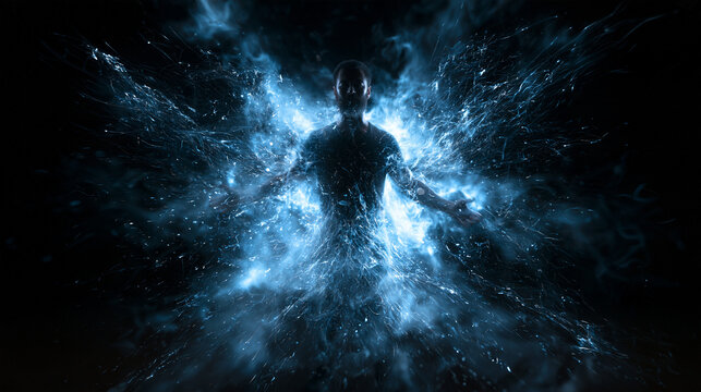 Silhouette of Man Radiating Powerful Glowing Blue Energy