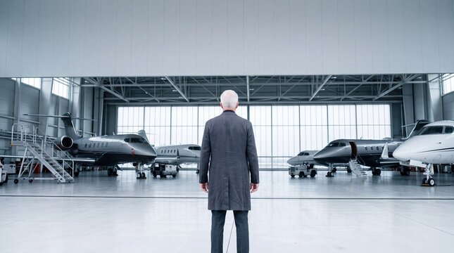 Senior Businessman Standing in Hangar Looking at Private Jets