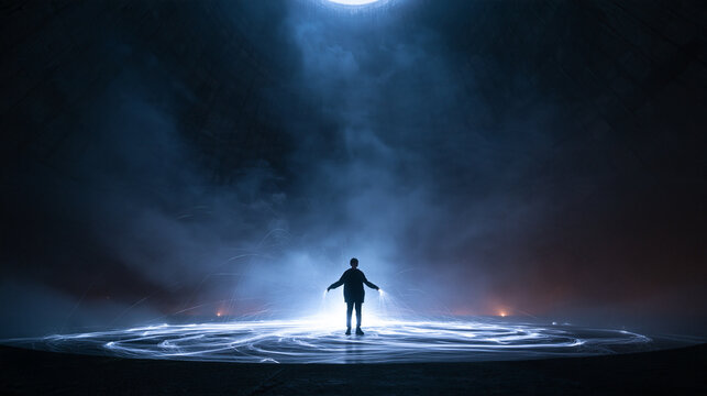 Silhouetted Figure Standing in Futuristic Glowing Light Portal
