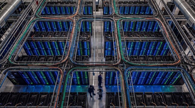 Data Center Server Room with Network Cables and Racks