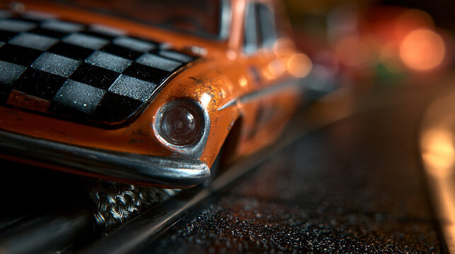 Close-up of Orange Vintage Slot Car on Track