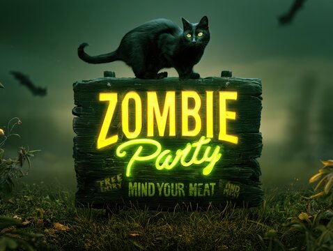 Black cat sitting on zombie party sign with warning text