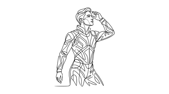 One Line Drawing Man Futuristic Costume Looking Ahead Isolated