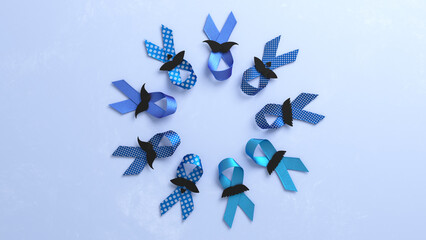 Fototapeta premium Blue ribbons with mustaches for movember awareness. 3d illustration