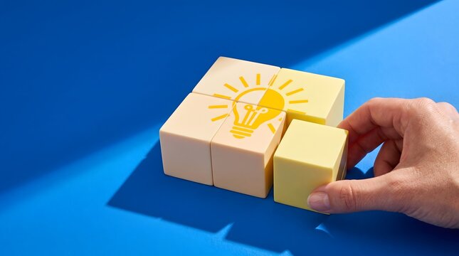 Hand Inserting Yellow Puzzle Block on Blue Surface to Complete Light Bulb Graphic for Innovation Idea