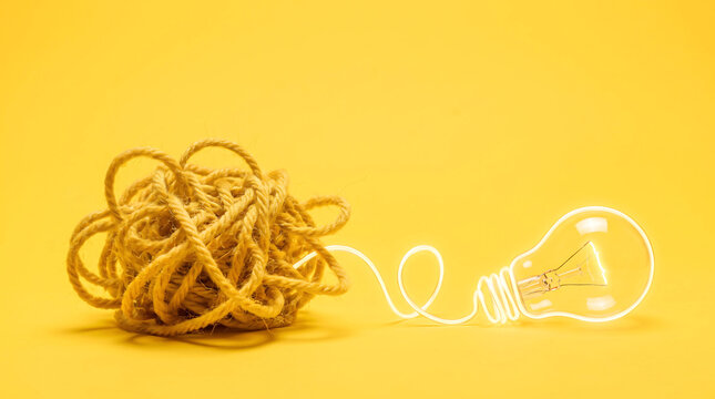 Light bulb connected to a tangled rope ball on a yellow background with copy space