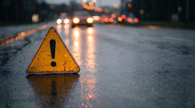 Yellow warning triangle sign on a wet rainy road with blurred car headlights