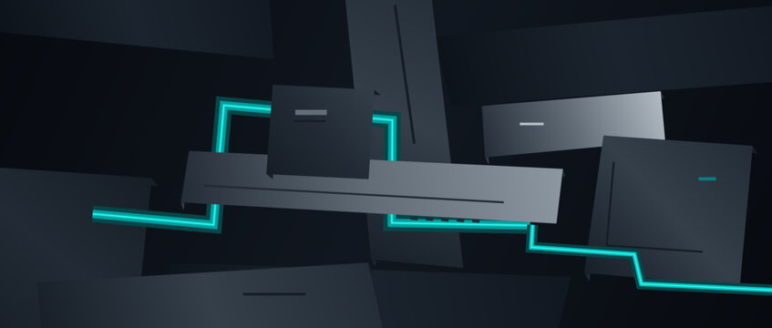 Abstract geometric technology background, overlapping turquoise and gray rectangles with luminous edge effects on a dark layered field, modern vector composition.