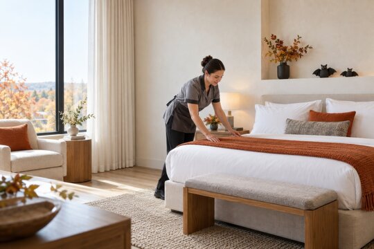 Housekeeper smoothing an orange bed runner in a bright guest room with autumn foliage, preparing seasonal decor for a comfortable hotel stay