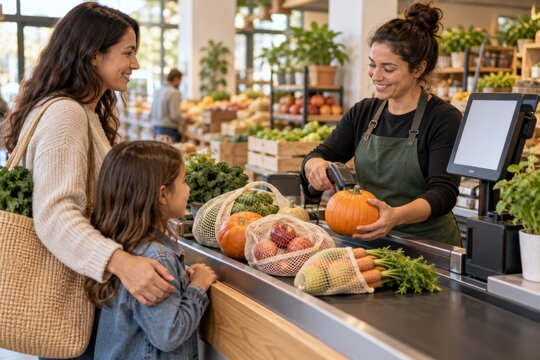 Cashier scanning a pumpkin while a mother and child wait with reusable produce bags, shopping for fresh autumn groceries in a neighborhood store