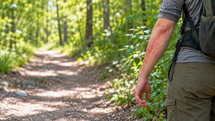 Fototapeta premium Hiker with visible forearm rash on a woodland trail and green copy space
