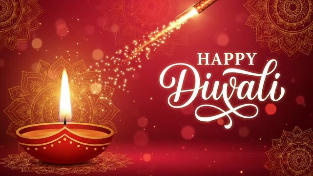 Glowing Diwali diya and red mandala animated background with Happy Diwali greeting text motion graphic
