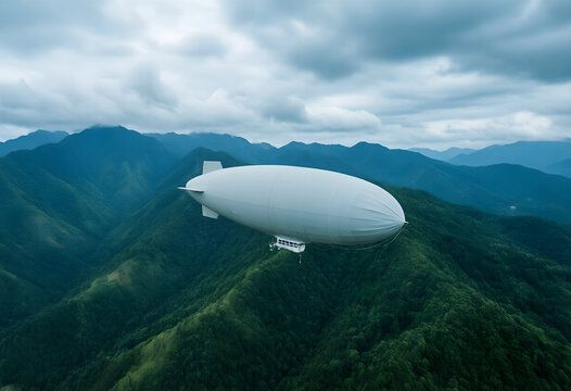 Aerial travel and tourism, white blimp airship flying over green mountain range with cloudy sky for adventure exploration and sustainable transport