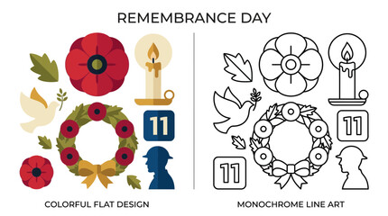 Obraz premium Remembrance Day Icons: Poppy, Wreath, Candle, Dove, Soldier Silhouette