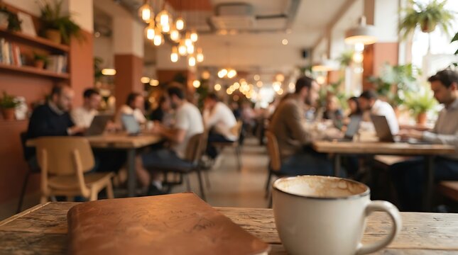 Busy coffee shop interior with people working on laptops