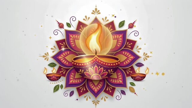 Decorative Diwali diya on colorful floral mandala animated background with glowing flames motion graphic
